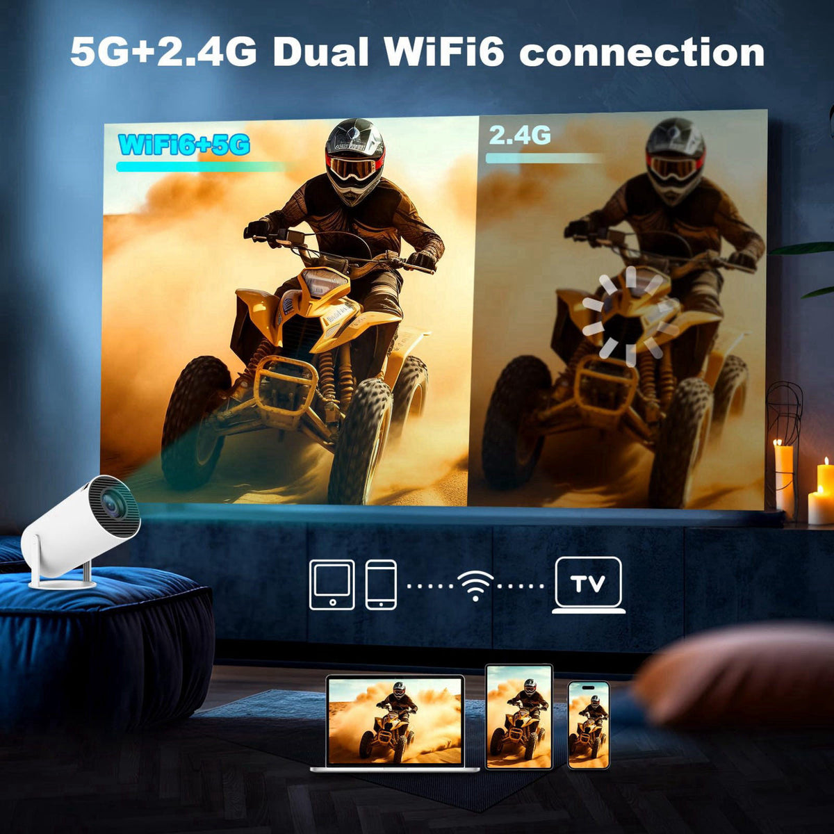 ENUOSUMA Mini Projector,Portable Projector with Dual Band WIFI and Bluetooth – back view and specifications