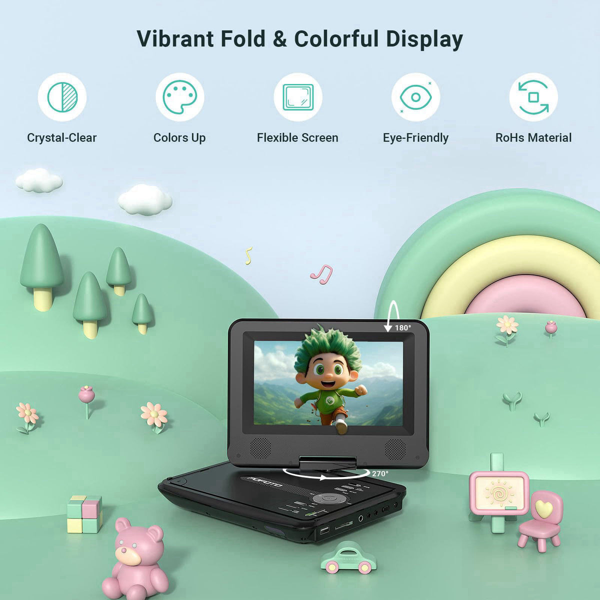 pofoto Portable DVD Player with 7.5" Swivel Screen for Kids and Car – close-up detail