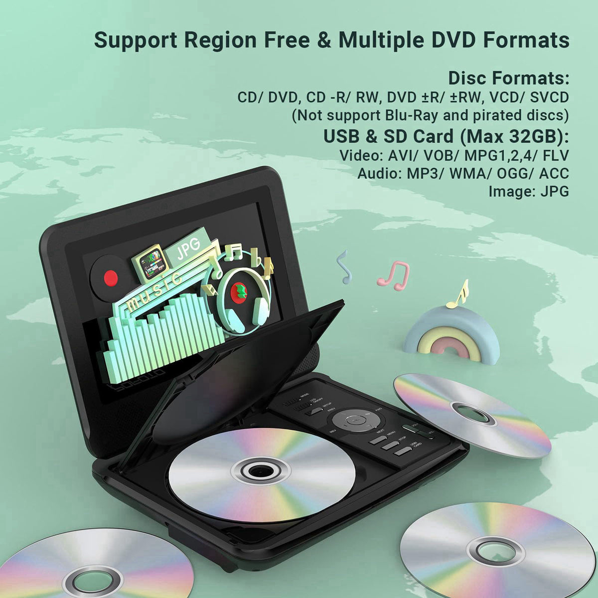 pofoto Portable DVD Player with 7.5" Swivel Screen for Kids and Car – packaging and label