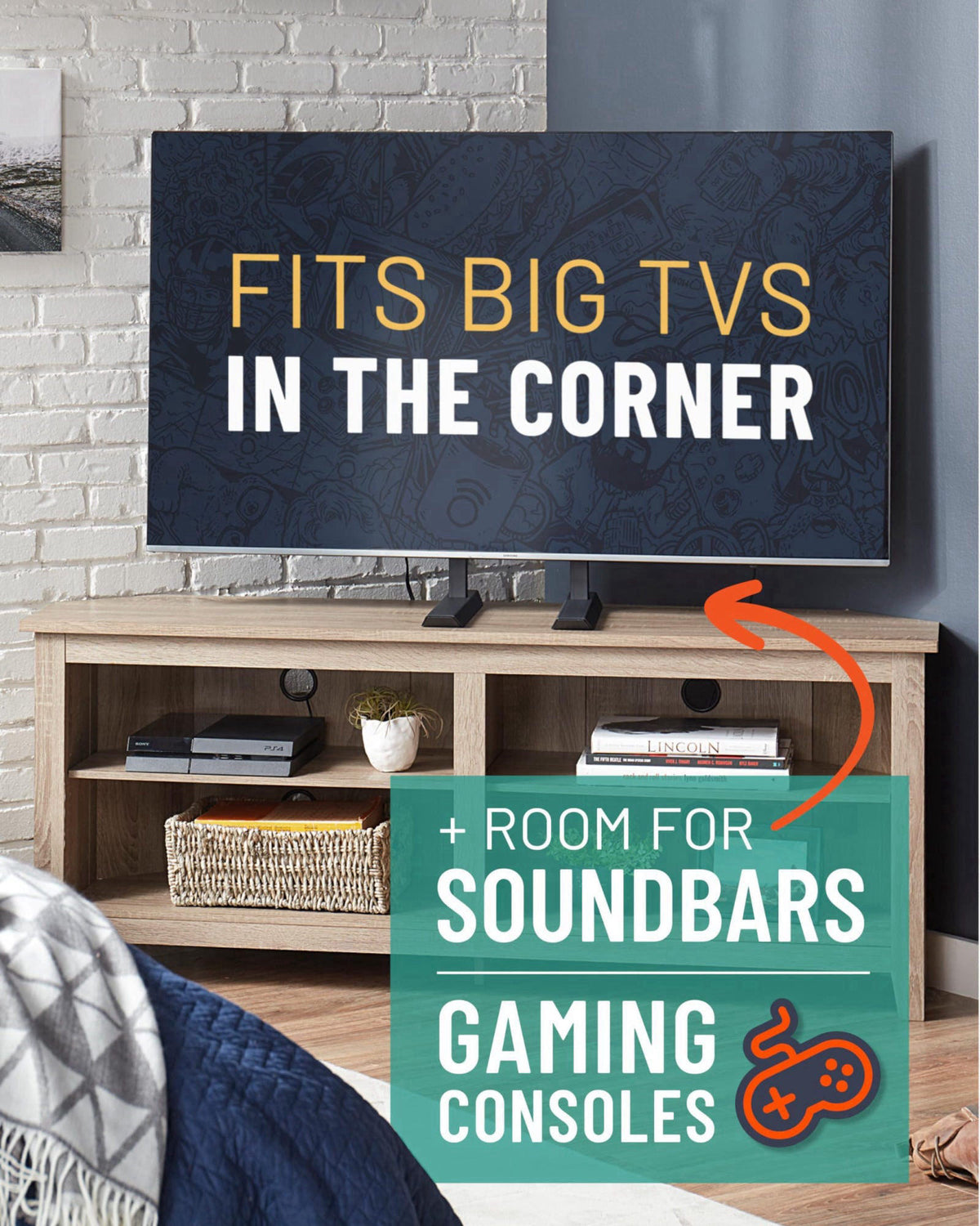 ECHOGEAR Universal TV Stand for 49-77” TVs up to 100lbs, Adjustable Height – back view and specifications