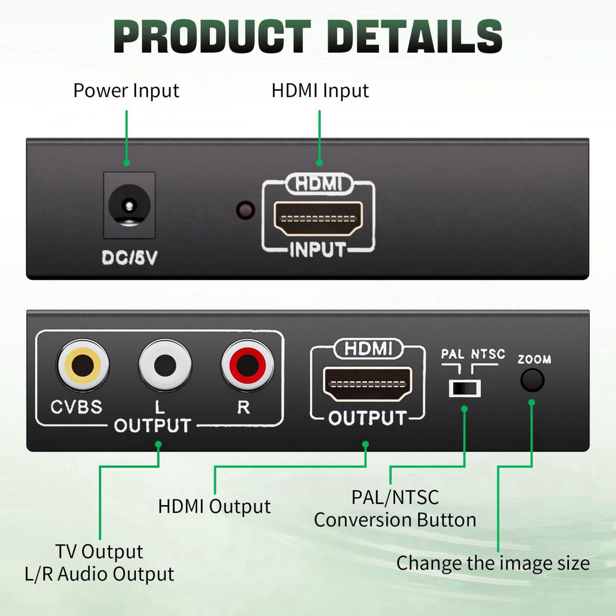 LUKFOCAB HDMI to RCA and HDMI Converter, 3RCA CVBS AV Composite Video Audio Adapter – close-up detail