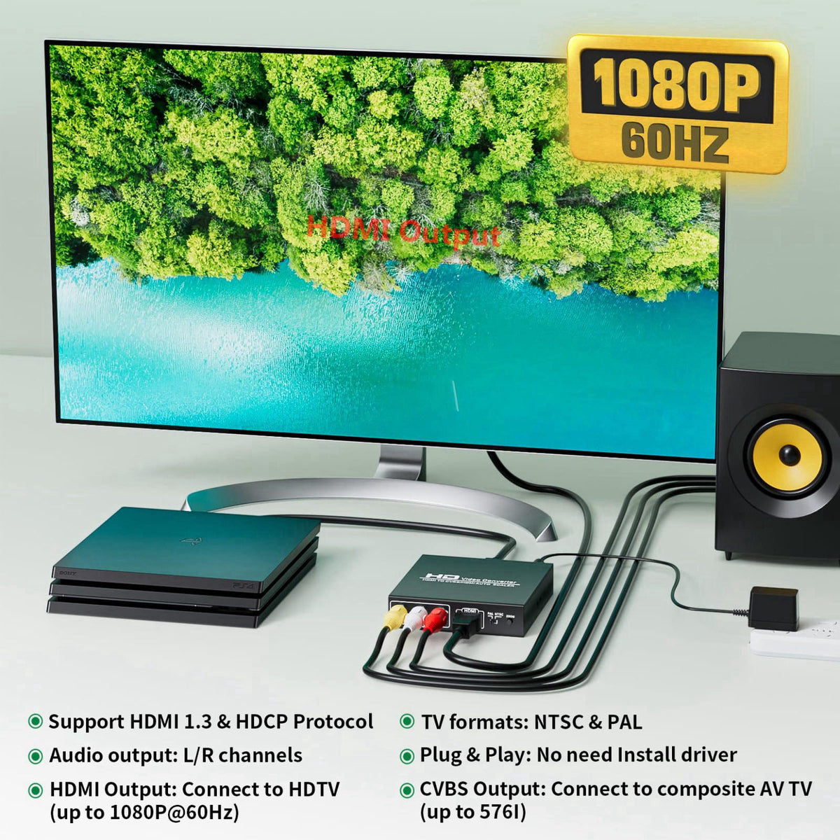 LUKFOCAB HDMI to RCA and HDMI Converter, 3RCA CVBS AV Composite Video Audio Adapter – back view and specifications