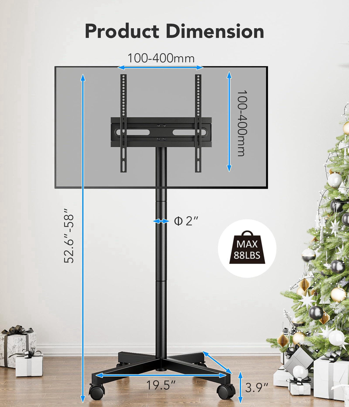 AX WABER Mobile TV Cart Stand with Wheels for 23-60" tvs, Height Adjustable, Portable Floor Stand Holds up to 88 lbs