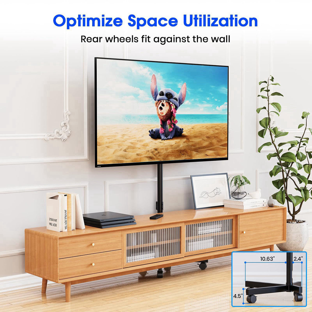 Zontera Rolling TV Stand, Mobile TV Stand for 23-60 Inch LCD LED TVs, Black – back view and specifications