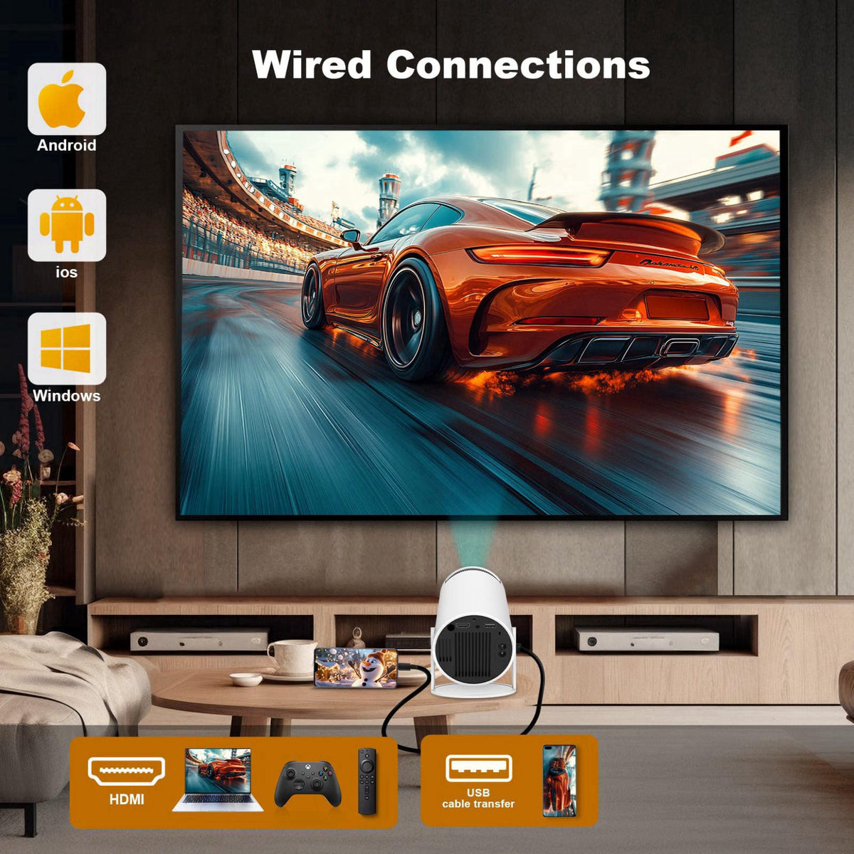 SKUOU Mini Projector, HY300 PRO Portable Projector, Support 4K 1080P with Dual-Band WIFI6 5G Wireless 5.2 Bluetooth Andr