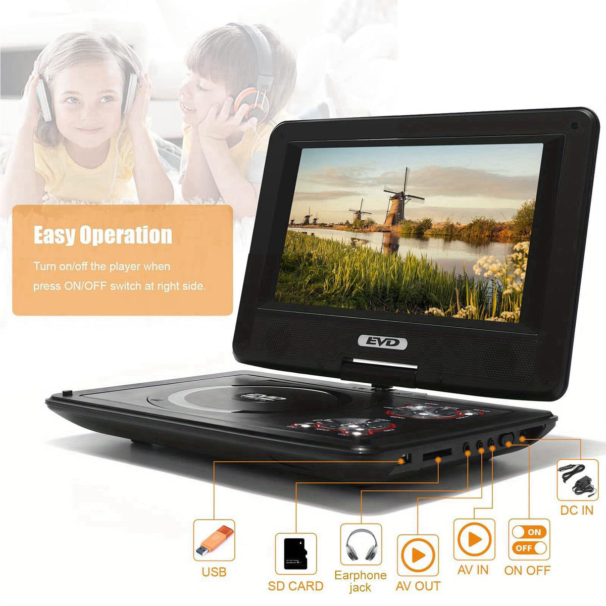SQQBZZ 11.5" Portable DVD Player with 9.5" Swivel Screen, 5-Hours Rechargeable Battery,Car DVD Player,Support CD