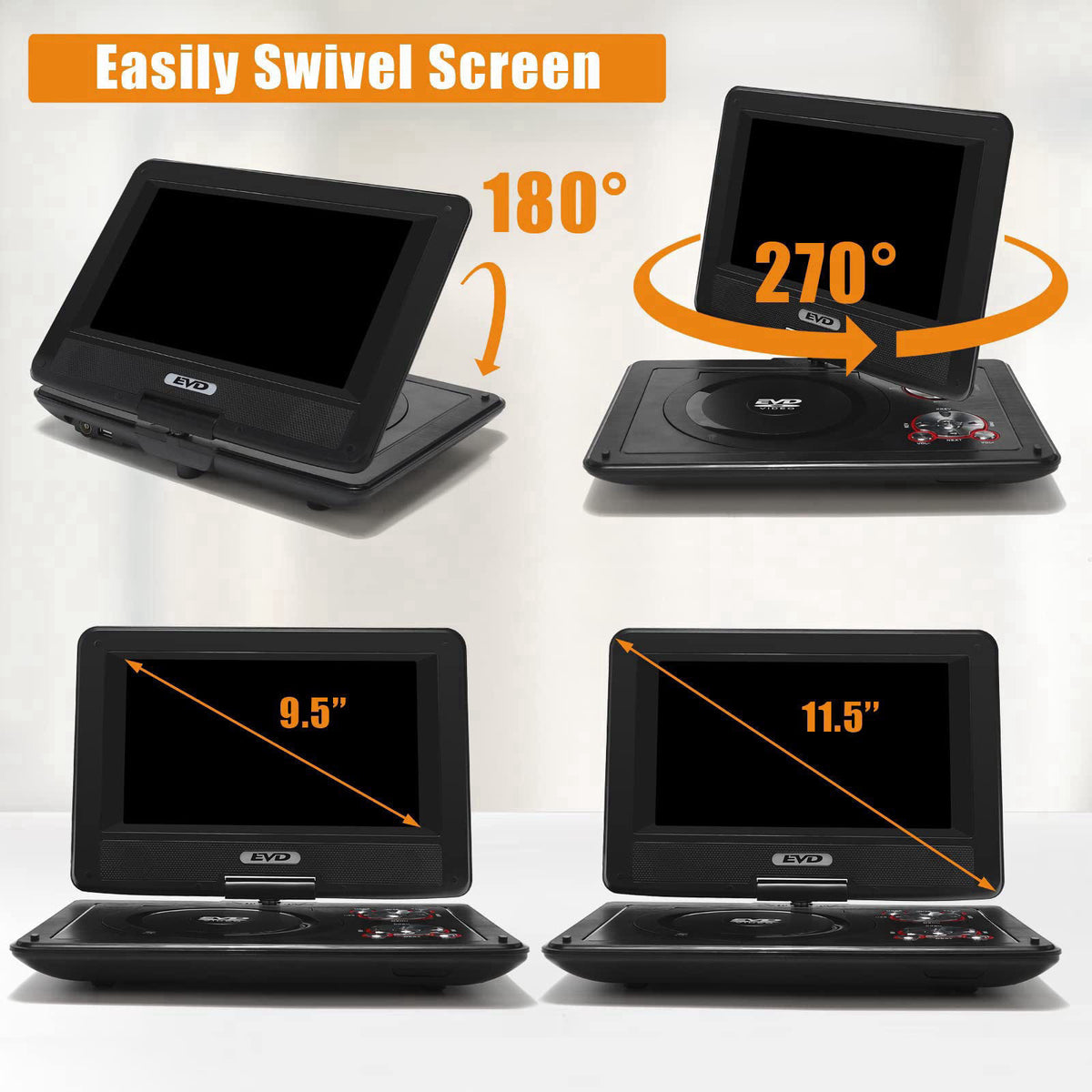 SQQBZZ 11.5" Portable DVD Player with 9.5" Swivel Screen, 5-Hours Rechargeable Battery,Car DVD Player,Support CD