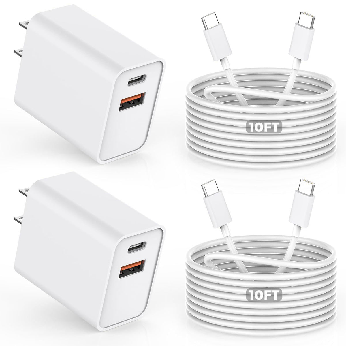 DelTucci 10FT iPhone 17/16e Fast Charger,2Pack 20W Dual Port USB C + A Power Adapter 10Foot Long USB C Fast Charging Cab