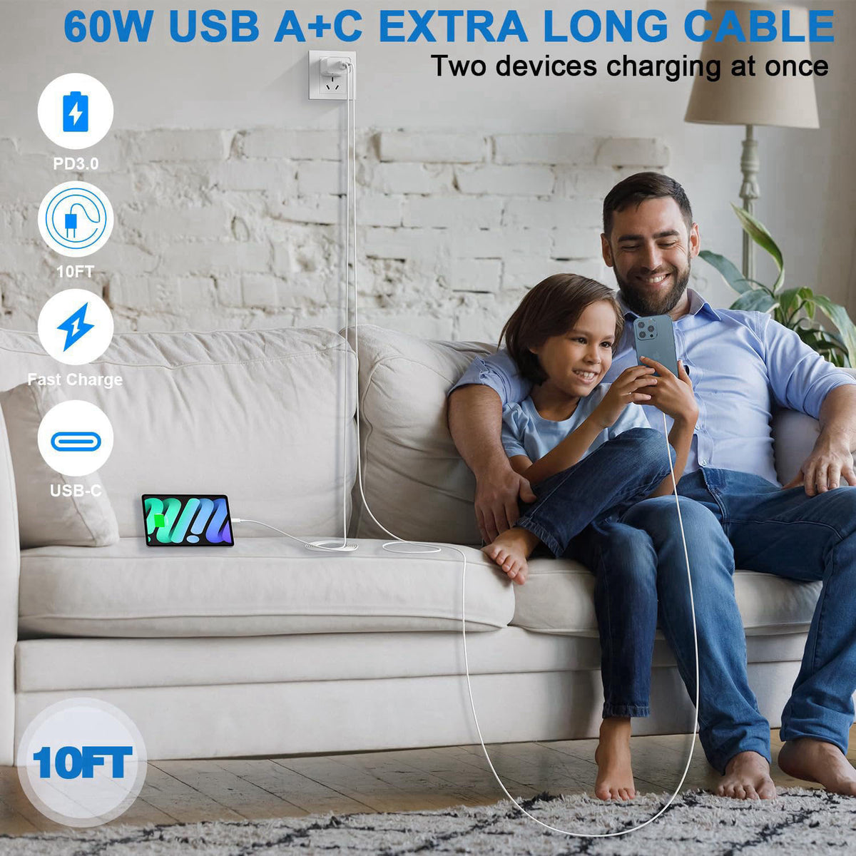 DelTucci 10FT iPhone 17/16e Fast Charger,2Pack 20W Dual Port USB C + A Power Adapter 10Foot Long USB C Fast Charging Cab