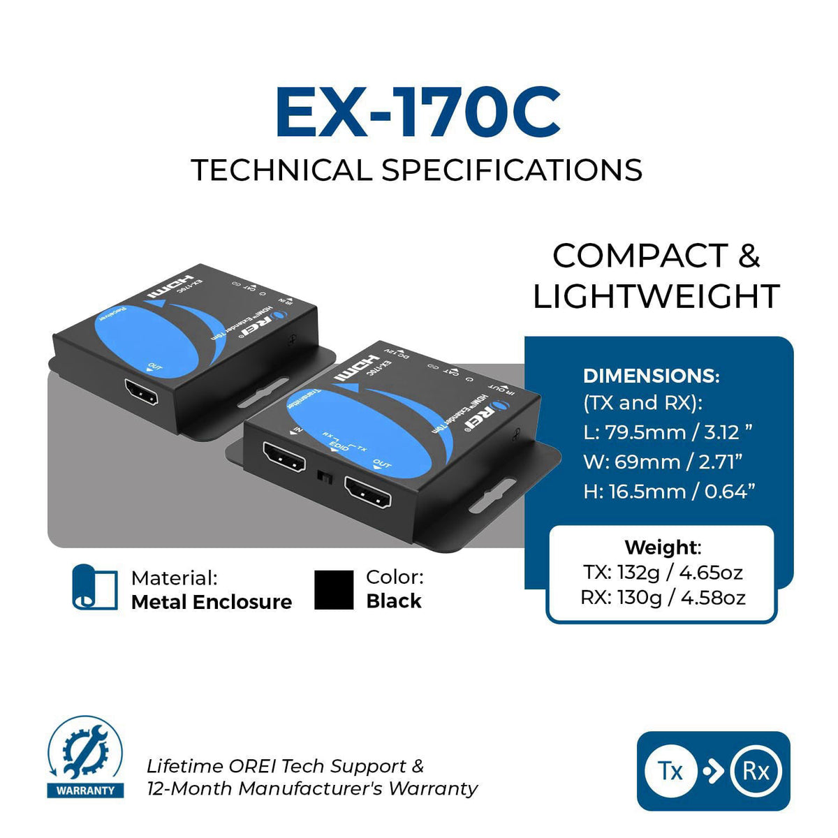 OREI HDMI Extender Over Cat5 165ft - 4K@30Hz with IR, Loop Out, EDID, PoC – back view and specifications