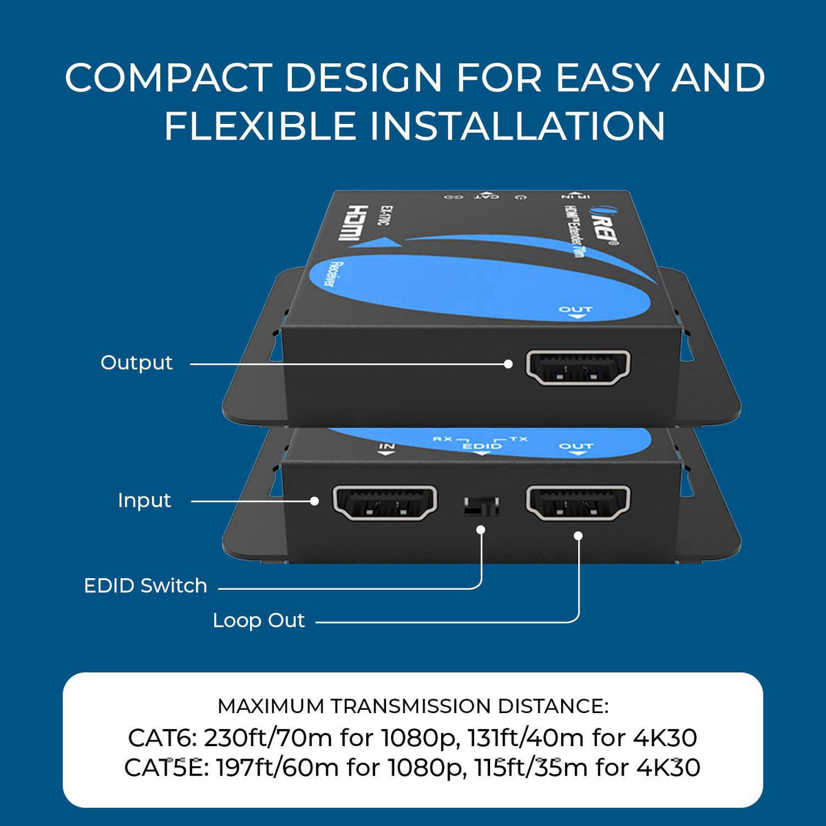 OREI HDMI Extender Over Cat5 165ft - 4K@30Hz with IR, Loop Out, EDID, PoC – alternate angle