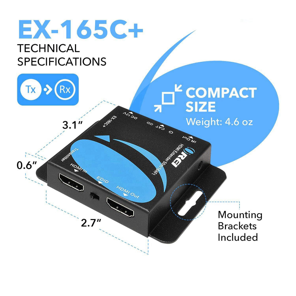 OREI HDMI Extender Over Cat6 165ft - 4K@30hz, IR, Loop Out, PoC, HDCP 1.4 – back view and specifications