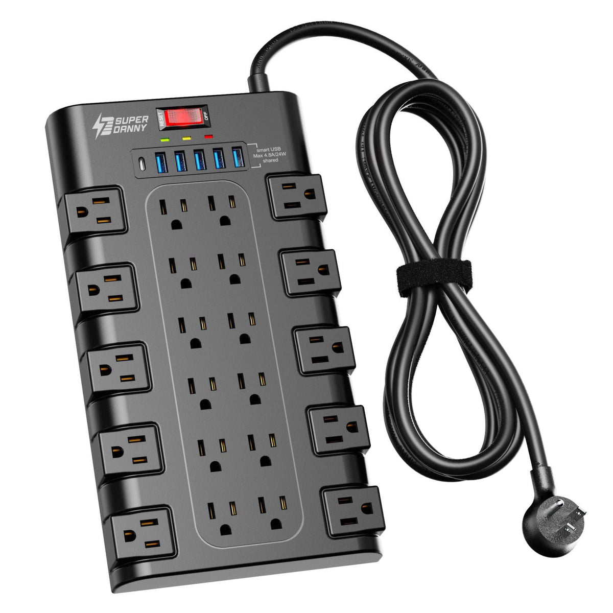 SUPERDANNY Power Strip Surge Protector, 22 AC 6 USB, 2100J, 6.5Ft,1875W/15A – product photo (Power Strips)