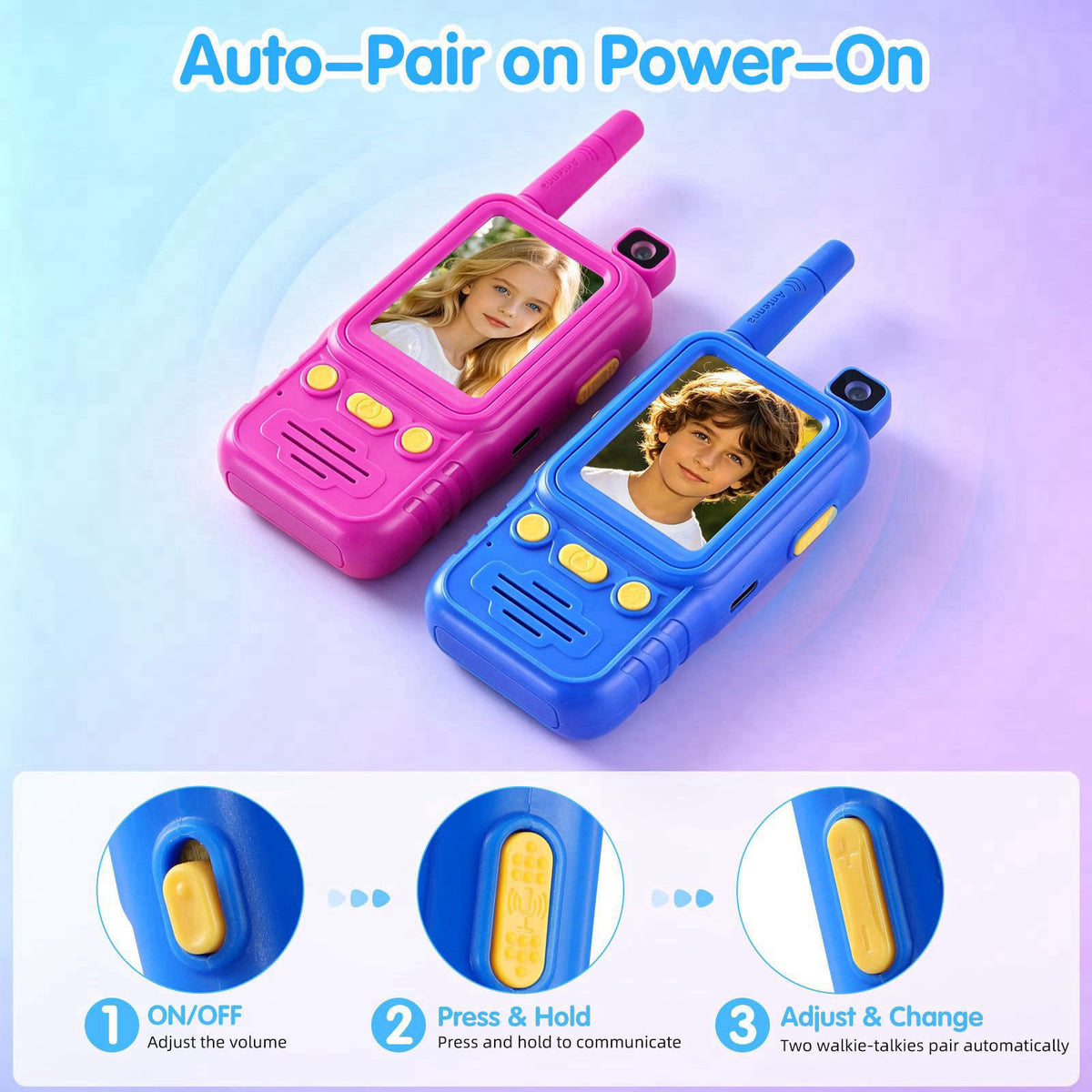 PELLOR Kids Video Walkie Talkies 2 Pack with 180° Rotatable Camera – full view