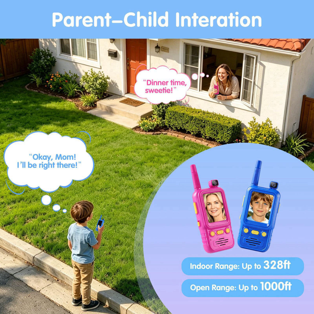 PELLOR Kids Video Walkie Talkies 2 Pack with 180° Rotatable Camera – back view and specifications