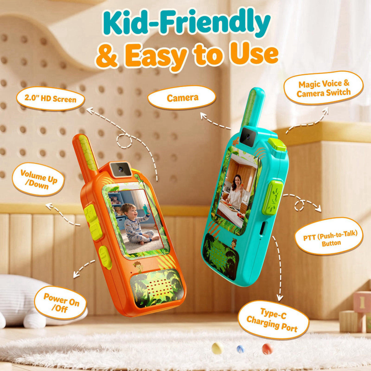 Veeniix Video Walkie Talkies for Kids 2 Pack with HD Camera Rechargeable – packaging and label
