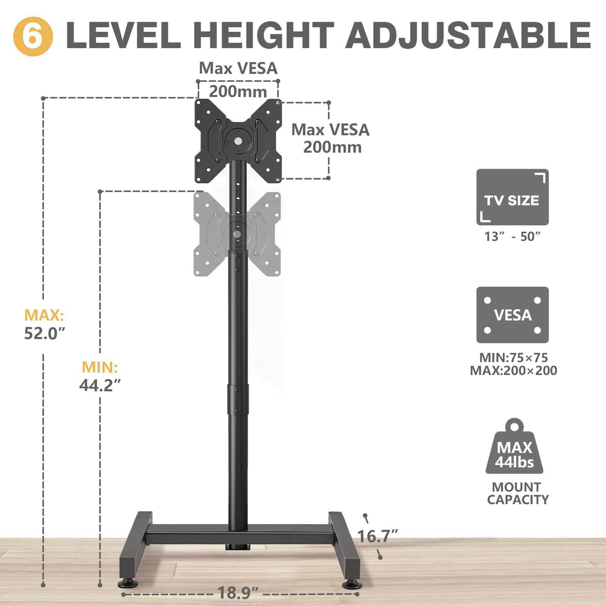 TVON TV Floor Stand for 13-50 inch TVs up to 44 lbs, Max VESA 200x200mm – back view and specifications