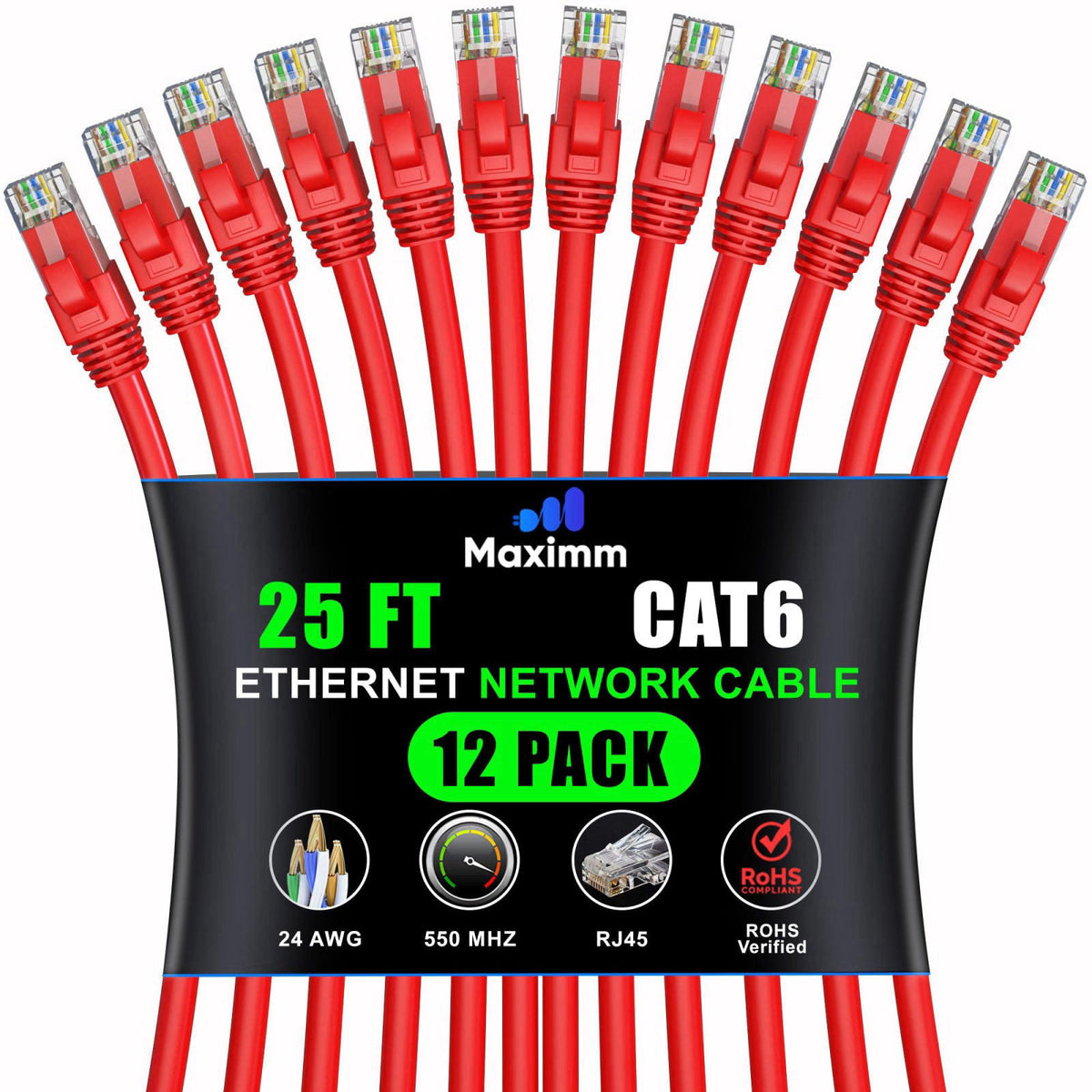 Maximm Cat6 Ethernet Cable 25 Ft, 10 Gbps 550 MHz, RJ45, Red, 12 Pack – product photo