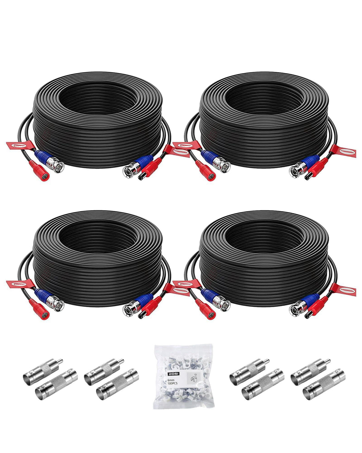 ZOSI 4-Pack 100ft (30m) BNC Video Power Cables, All-in-One Pre-Made Extension Wire for CCTV Security Camera Surveillance