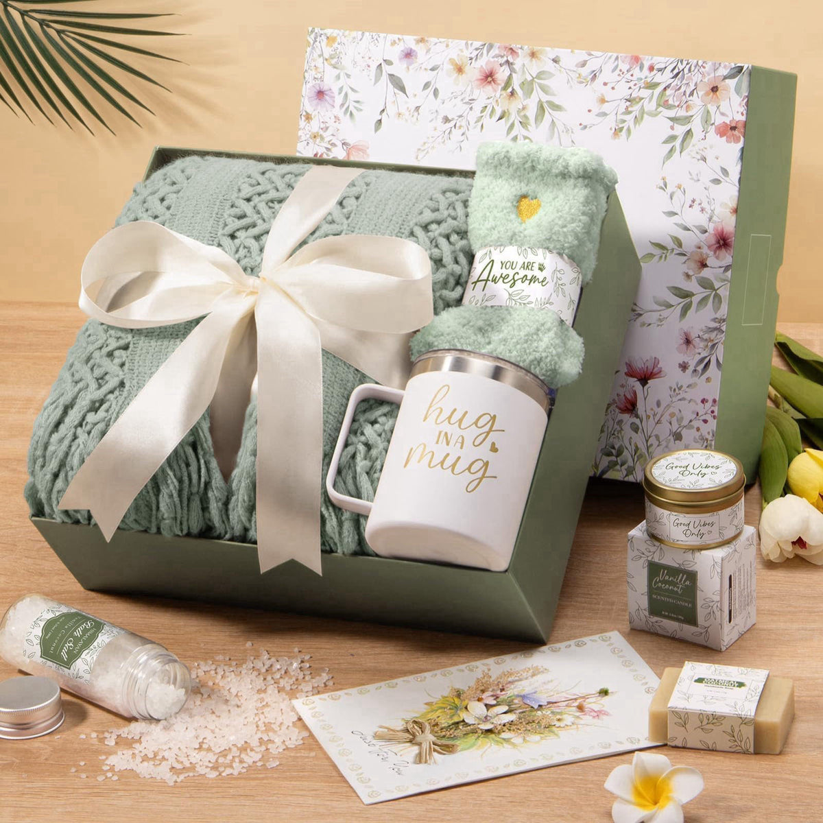 MAYICIVO Christmas Self Care Gifts for Women Get Well Soon Gift Baskets Care Package – packaging and label