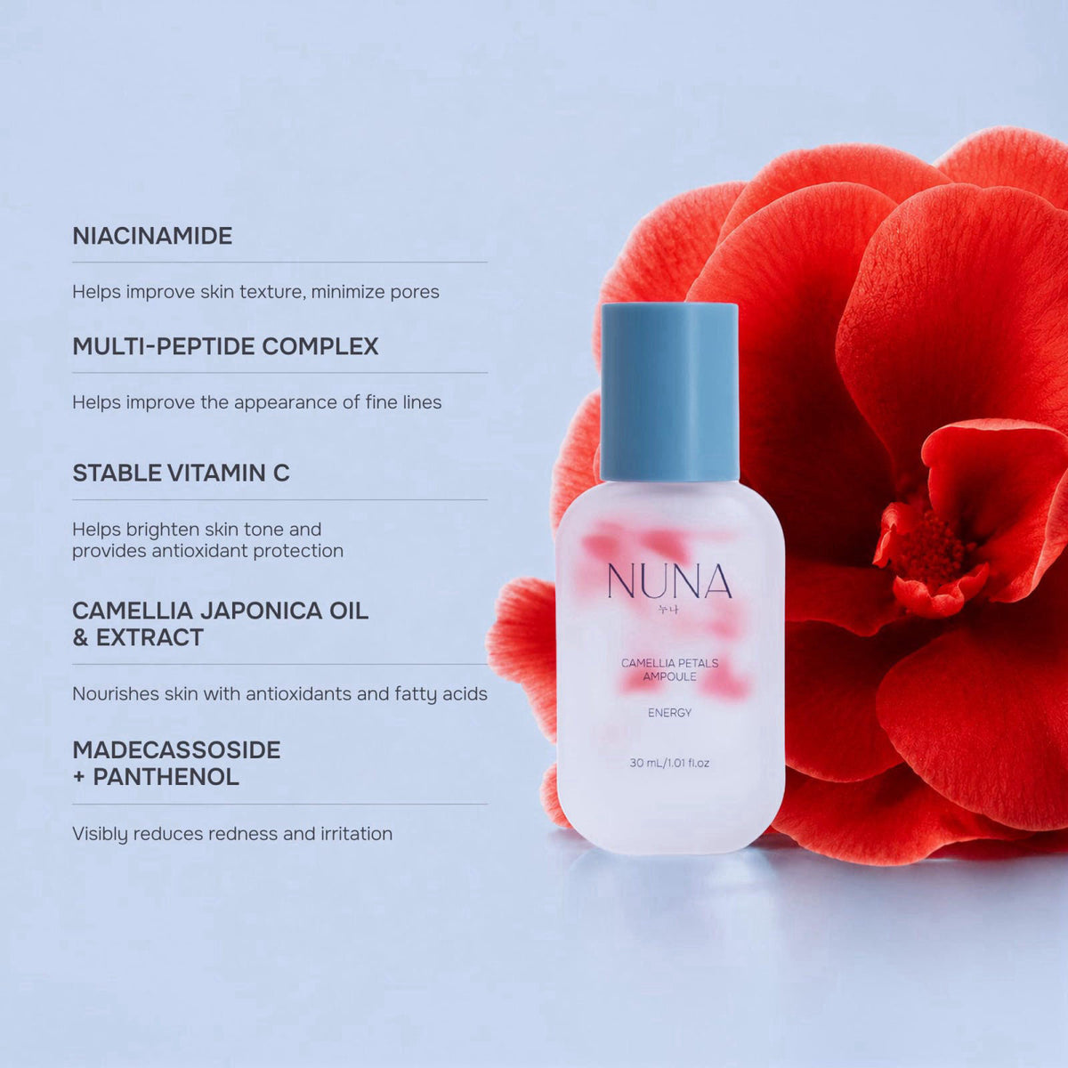 NUNA Camellia Petals Ampoule Peptides Face Serum - Niacinamide, Camellia Japonica, Vitamin C and Centella Asiatica – Ant