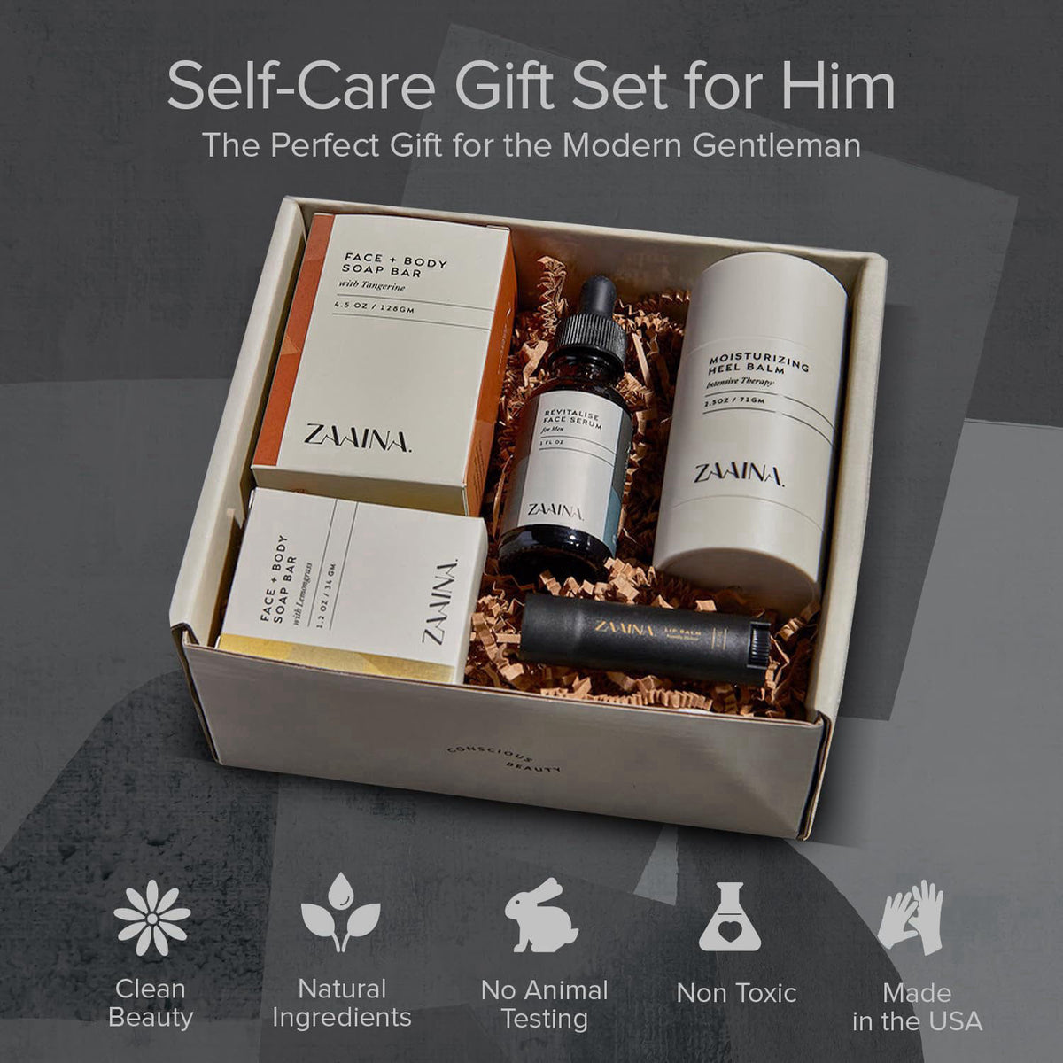 ZAAINA Birthday Gift for Men | Self Care Gift Box | Natural Grooming Set – close-up detail