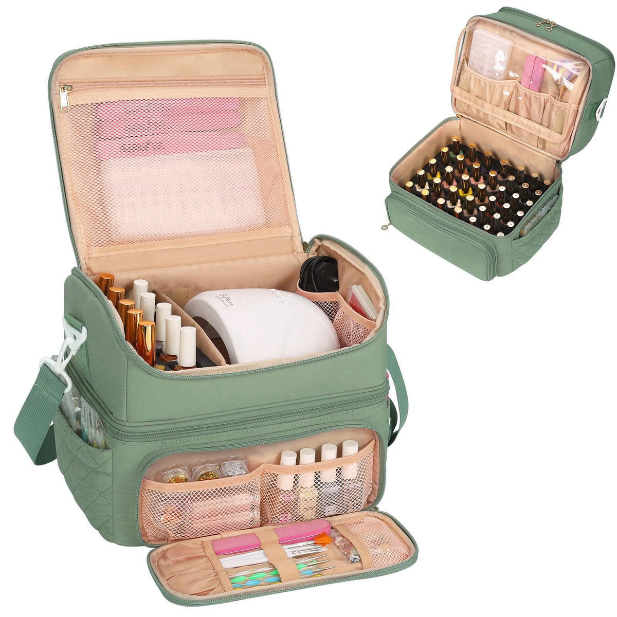 CUBETASTIC Nail Polish Organizer, Nail Organizers And Storage Bag Holds 48 Bottles & Full Size Nail Lamp, Double Layer N