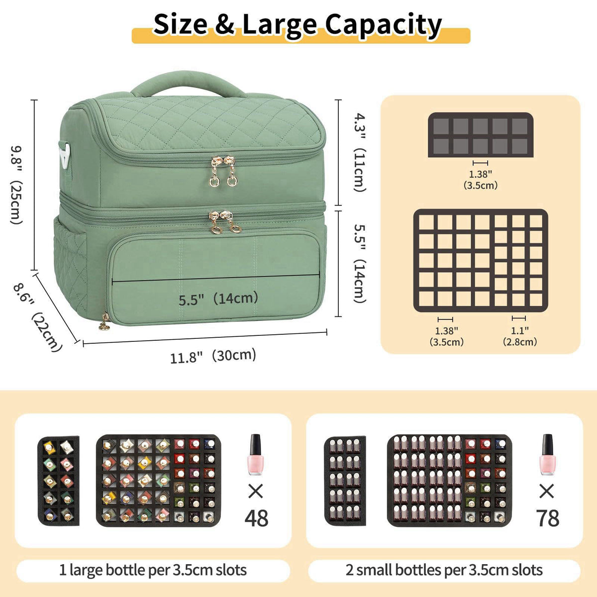 CUBETASTIC Nail Polish Organizer, Nail Organizers And Storage Bag Holds 48 Bottles & Full Size Nail Lamp, Double Layer N