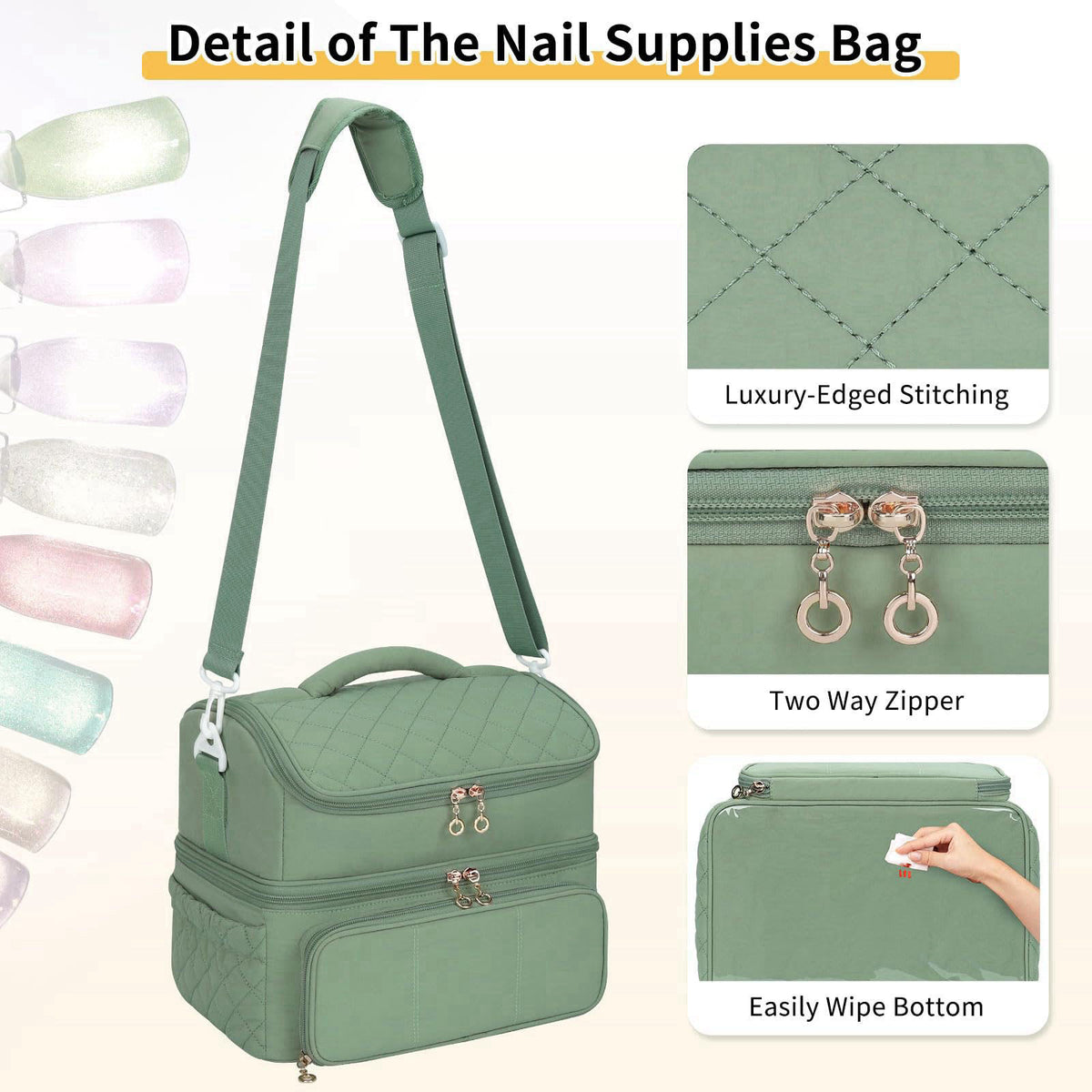 CUBETASTIC Nail Polish Organizer, Nail Organizers And Storage Bag Holds 48 Bottles & Full Size Nail Lamp, Double Layer N
