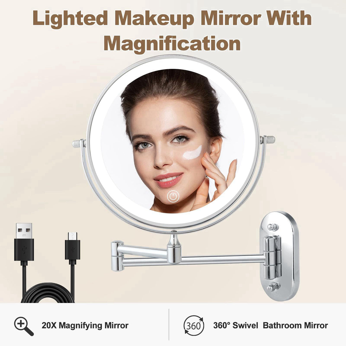 IZHIBATU Rechargeable Lighted Wall Mounted Makeup Mirror, 8" Double-Sided Magnifying Mirror with Lights 20X, 3 Color