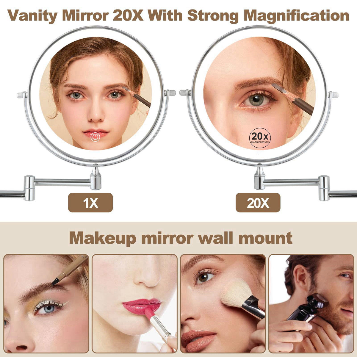 IZHIBATU Rechargeable Lighted Wall Mounted Makeup Mirror, 8" Double-Sided Magnifying Mirror with Lights 20X, 3 Color