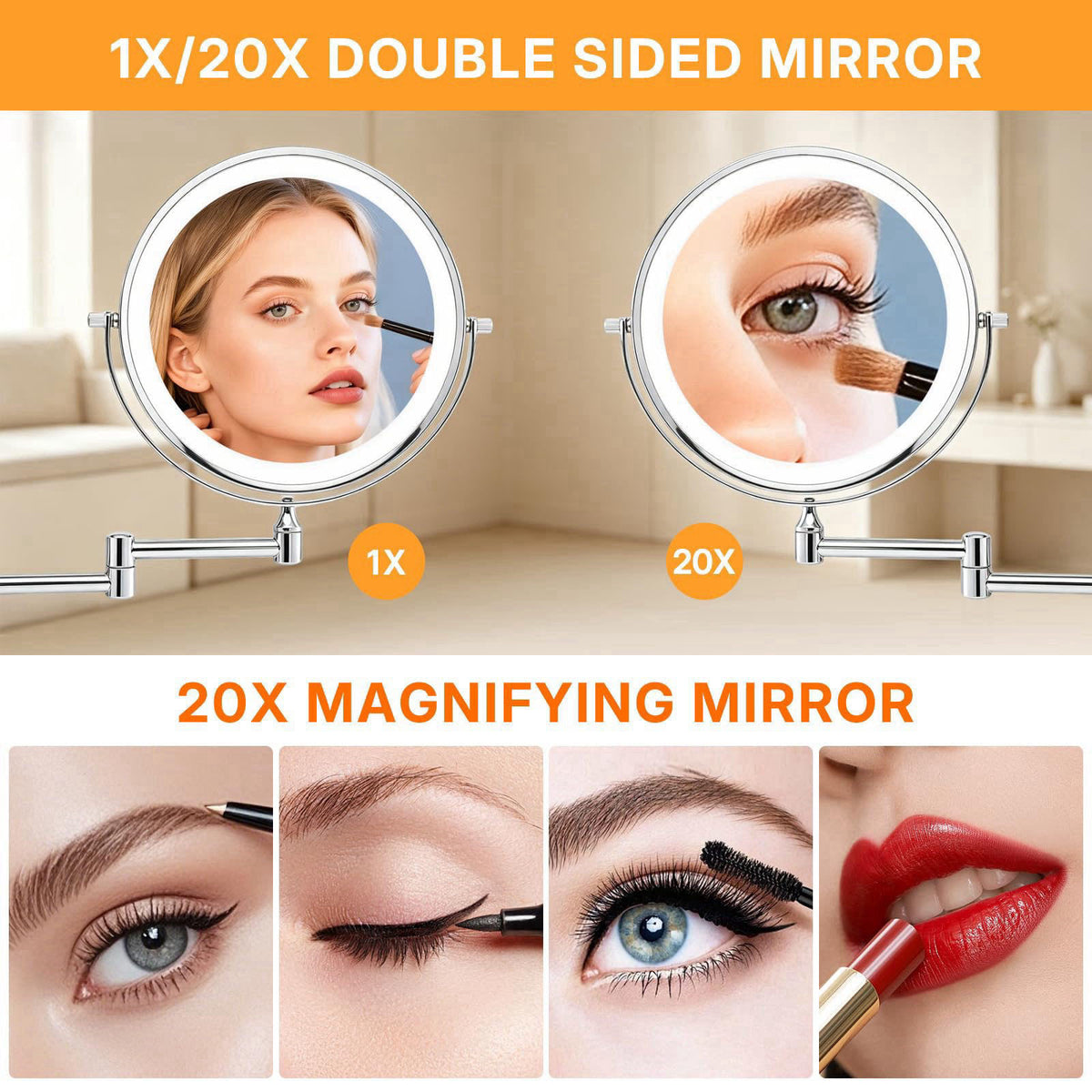 IZHIBATU Rechargeable Lighted Wall Mounted Makeup Mirror, 8" Double-Sided Magnifying Mirror with Lights 20X, 3 Color