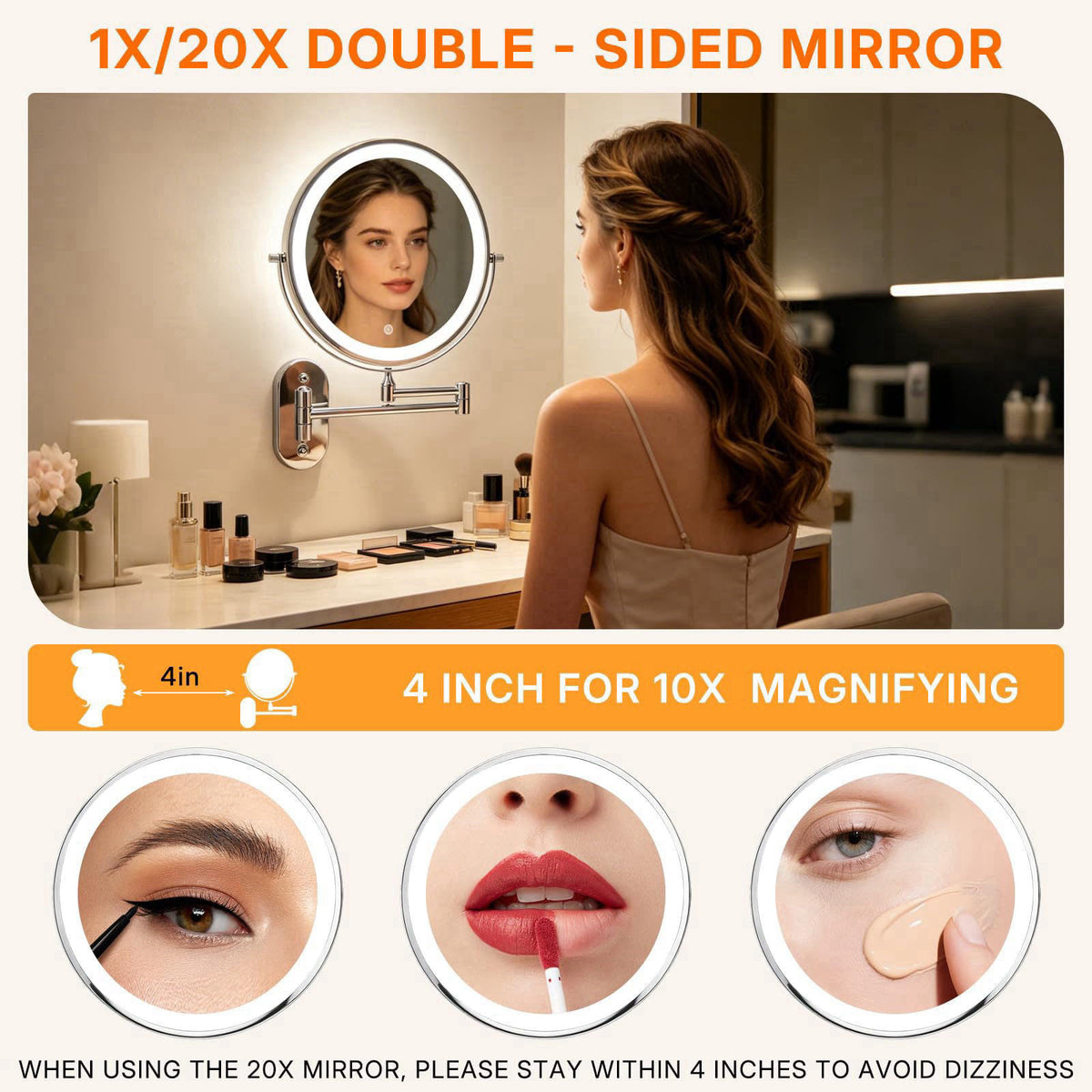 IZHIBATU Rechargeable Lighted Wall Mounted Makeup Mirror, 8" Double-Sided Magnifying Mirror with Lights 20X, 3 Color