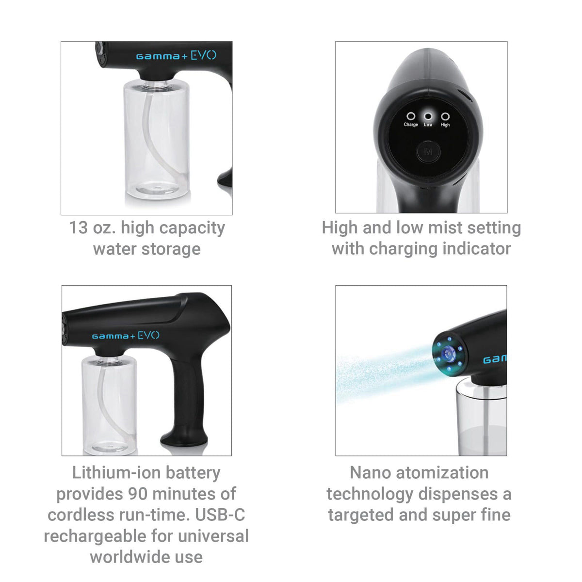 GAMMA+ Evo Nano Mister Cordless Portable Water Sprayer, Disinfect Mist, USB-C Rechargeable for Barber, Salon, Home Use –