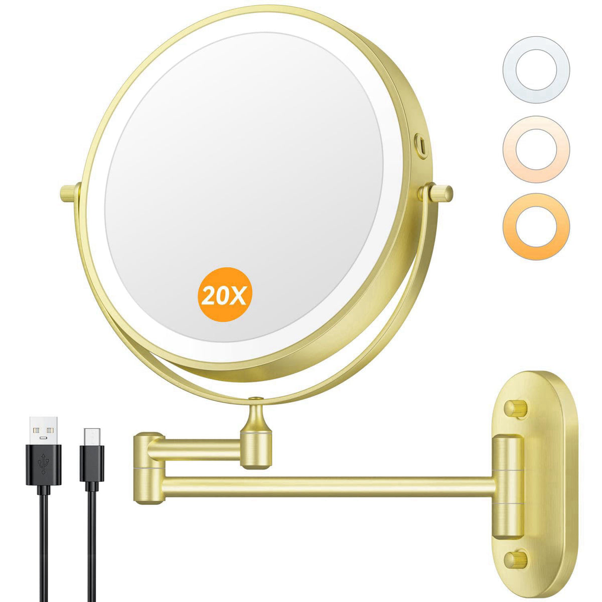 Auxmir 1X/20X Wall Mounted Makeup Mirror, 8" Rechargeable Magnifying Mirror – Gold Chrome Nickel Black Nickel Chrome