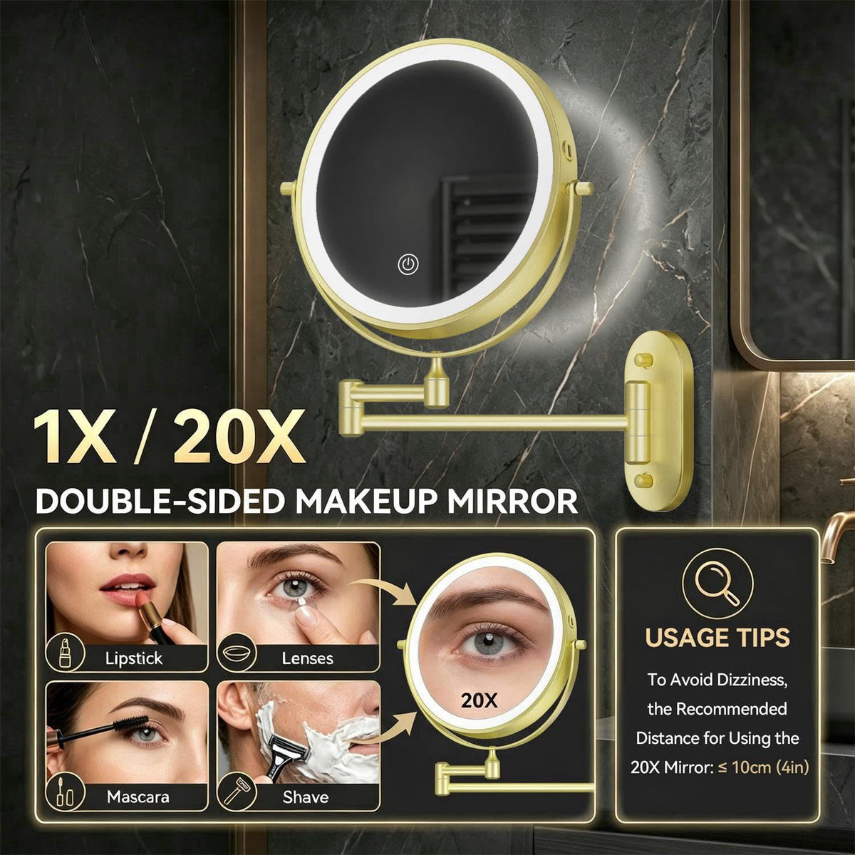 Auxmir 1X/20X Wall Mounted Makeup Mirror, 8" Rechargeable Magnifying Mirror – packaging and label