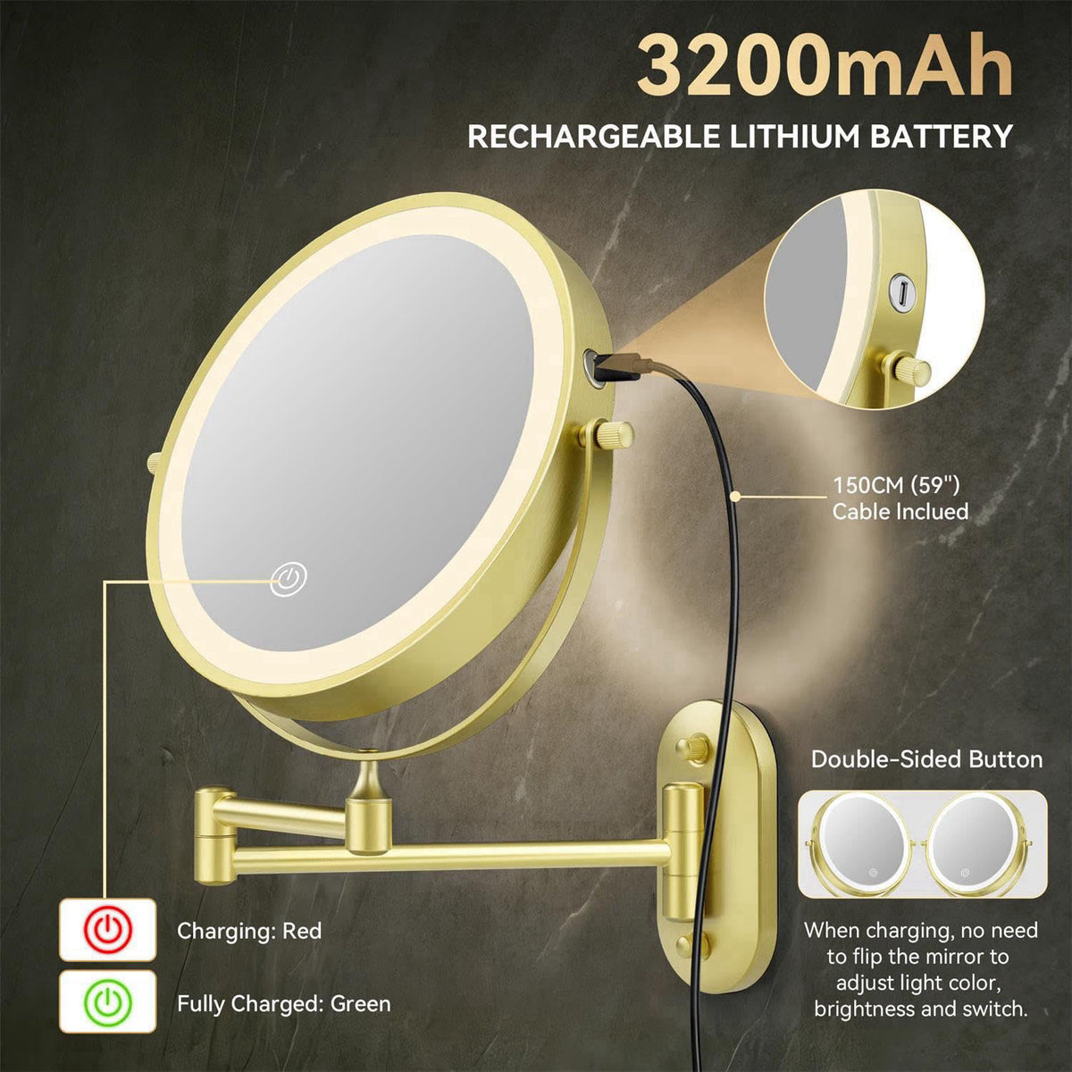 Auxmir 1X/20X Wall Mounted Makeup Mirror, 8" Rechargeable Magnifying Mirror – full view, size 8'' 8'&