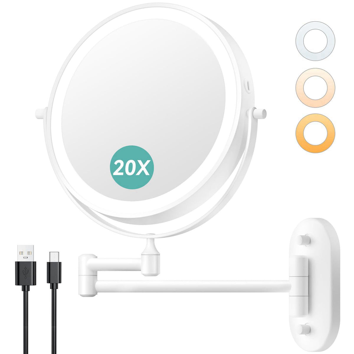 Auxmir 1X/20X Wall Mounted Makeup Mirror, 8" Rechargeable Magnifying Mirror – Black Chrome Nickel Black Nickel Chrom