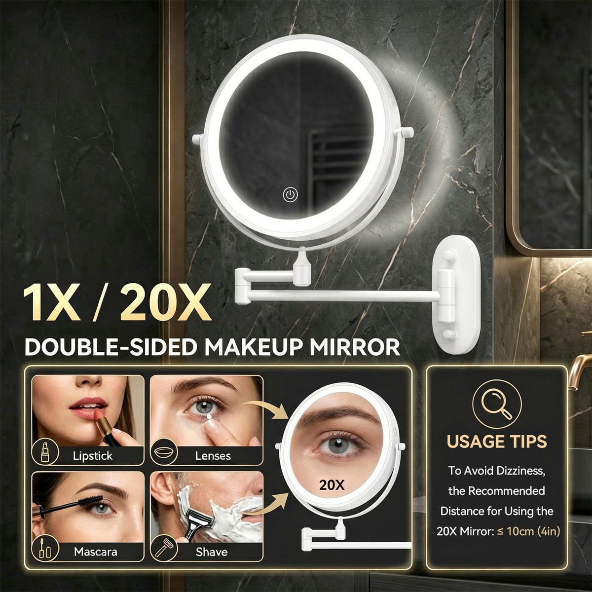 Auxmir 1X/20X Wall Mounted Makeup Mirror, 8" Rechargeable Magnifying Mirror – packaging and label