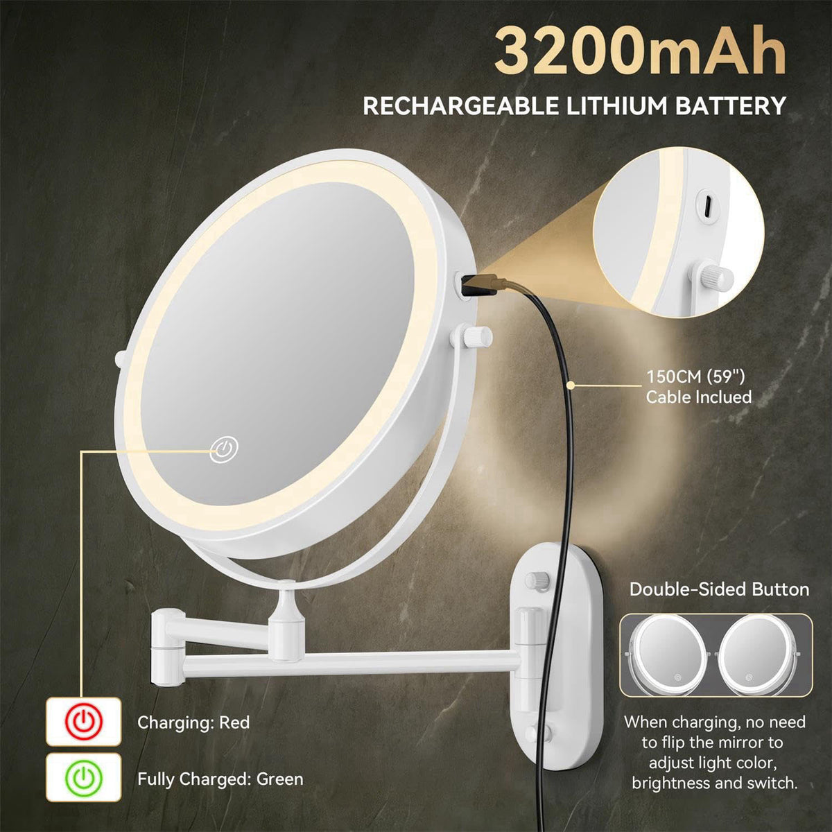 Auxmir 1X/20X Wall Mounted Makeup Mirror, 8" Rechargeable Magnifying Mirror – full view, size 8'' 8'&