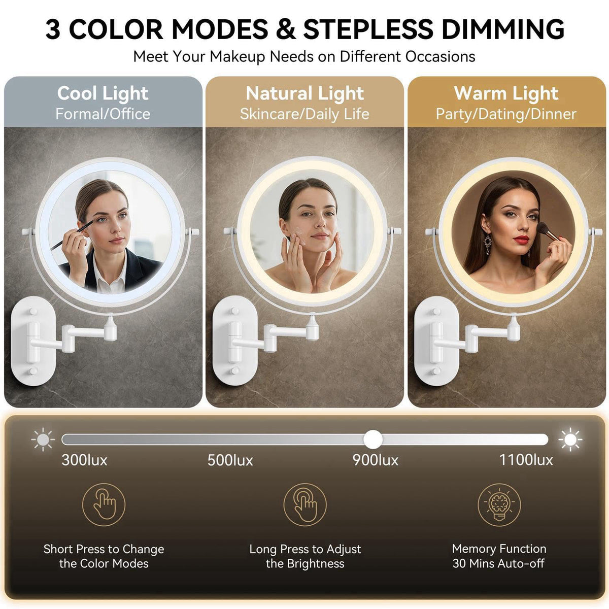 Auxmir 1X/20X Wall Mounted Makeup Mirror, 8" Rechargeable Magnifying Mirror – back view and specifications