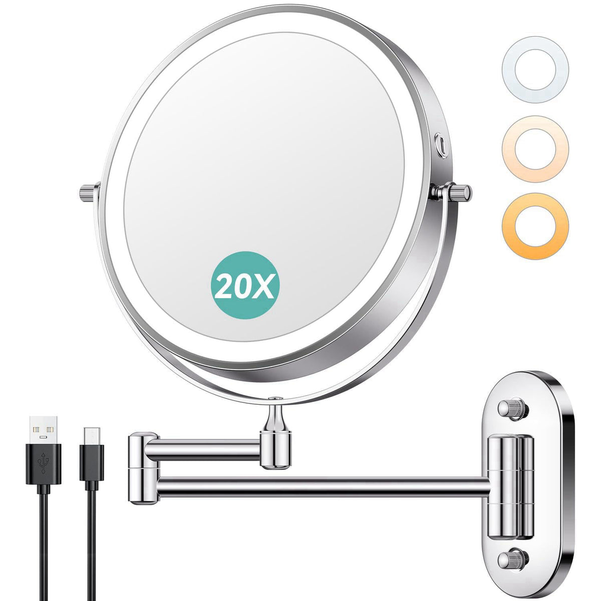 Auxmir 1X/20X Wall Mounted Makeup Mirror, 8" Rechargeable Magnifying Mirror – product photo (Makeup Mirrors)