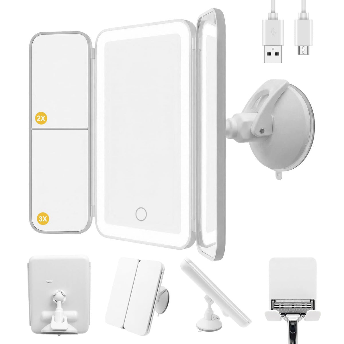 Hoxutym LED Shower Mirror with Lights for Bathroom, Trifold Vanity Mirror | Powerful Suction Mount, Rechargeable Makeup 