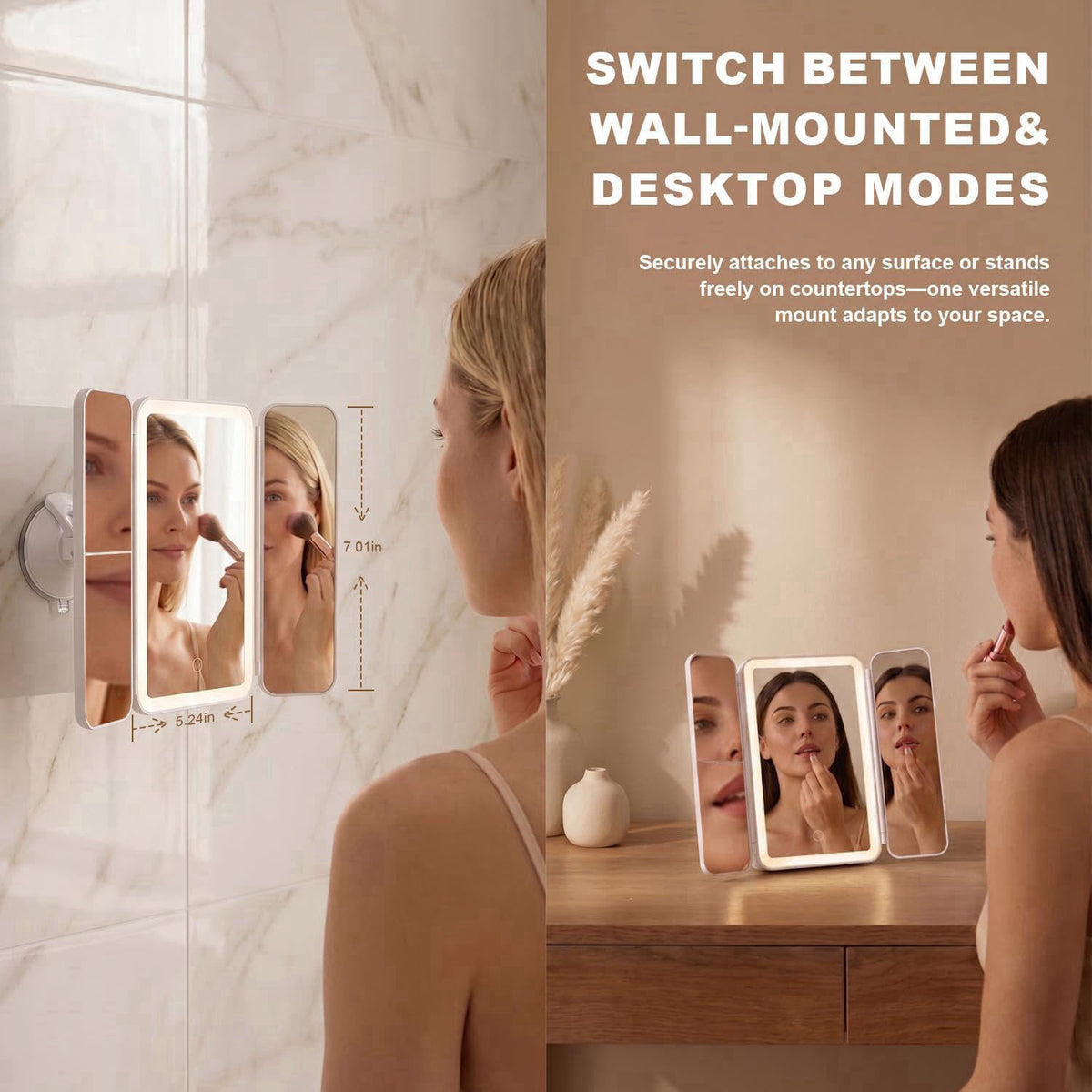 Hoxutym LED Shower Mirror with Lights for Bathroom, Trifold Vanity Mirror | Powerful Suction Mount, Rechargeable Makeup 