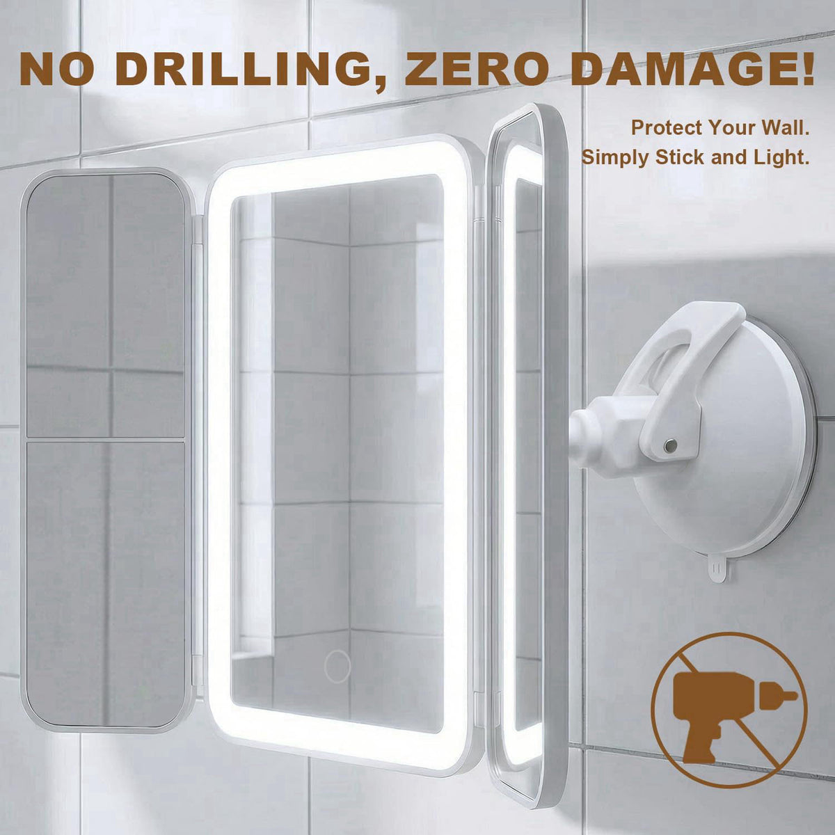 Hoxutym LED Shower Mirror with Lights for Bathroom, Trifold Vanity Mirror | Powerful Suction Mount, Rechargeable Makeup 