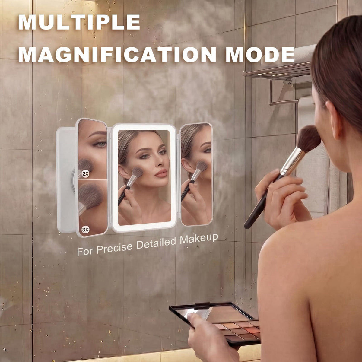 Hoxutym LED Shower Mirror with Lights for Bathroom, Trifold Vanity Mirror | Powerful Suction Mount, Rechargeable Makeup 
