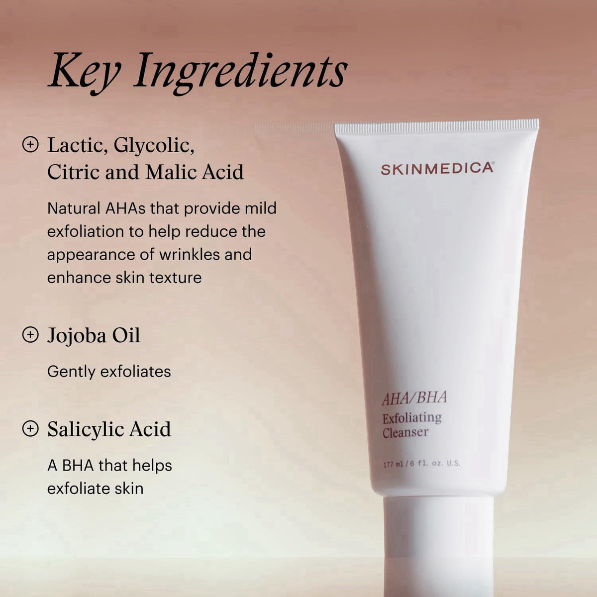SkinMedica AHA/BHA Exfoliating Cleanser, 6 Fl Oz – back view and specifications