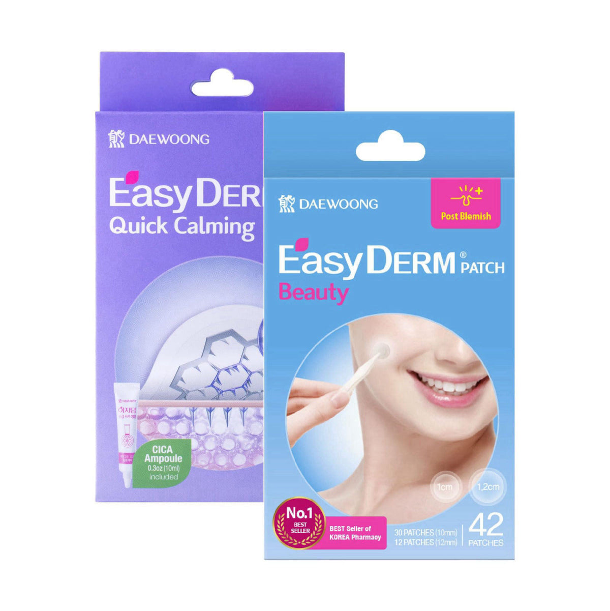 DWEasyDerm EasyDerm Quick(10ea) & Beauty(42ea) Pimple Patch Duo & Mini Cica Ampoule – back view and specifications