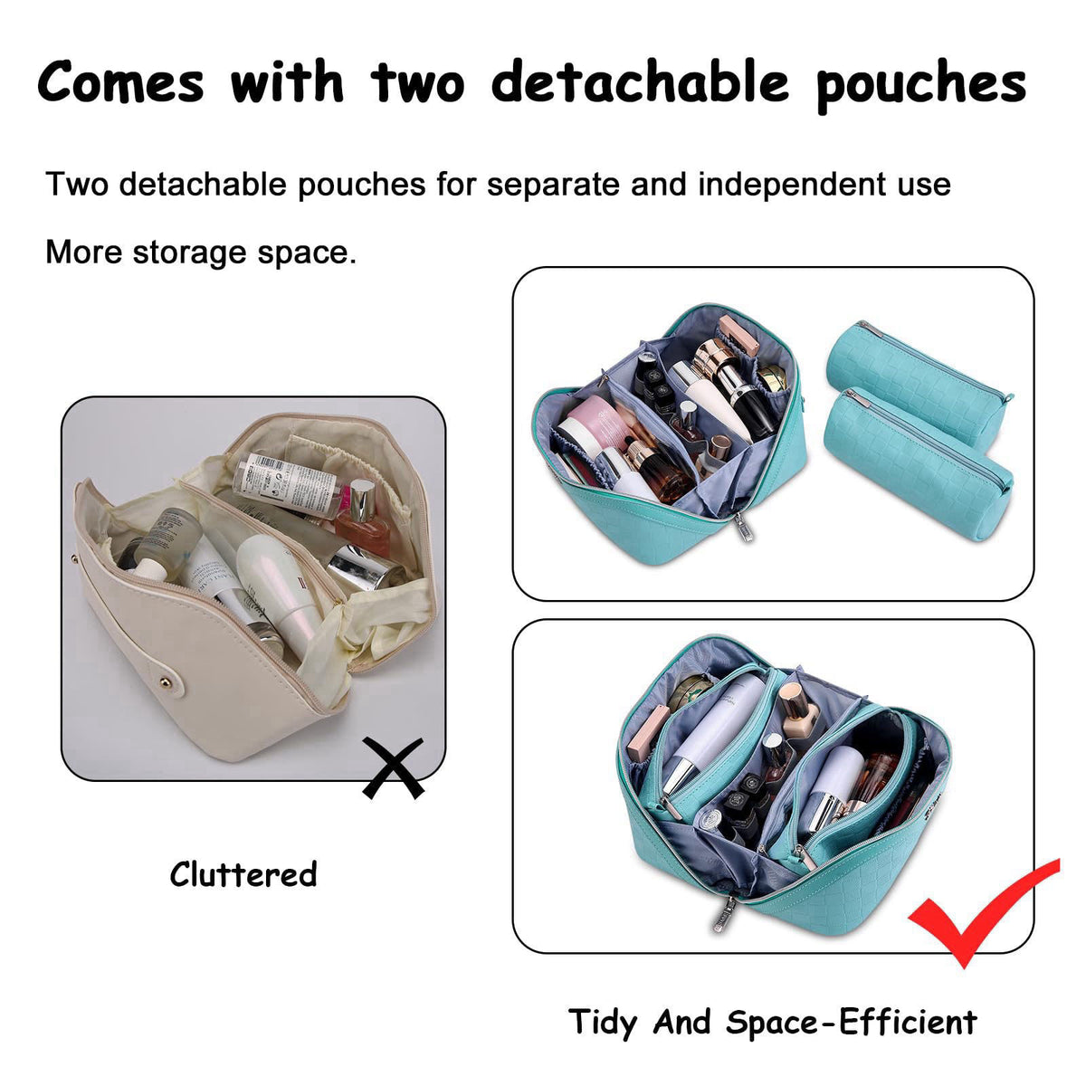 BOYATU Travel Makeup Bag Organizer: 180°Open-Flat 3 Pcs Make up Bags Set – close-up detail in 01-C-Blue