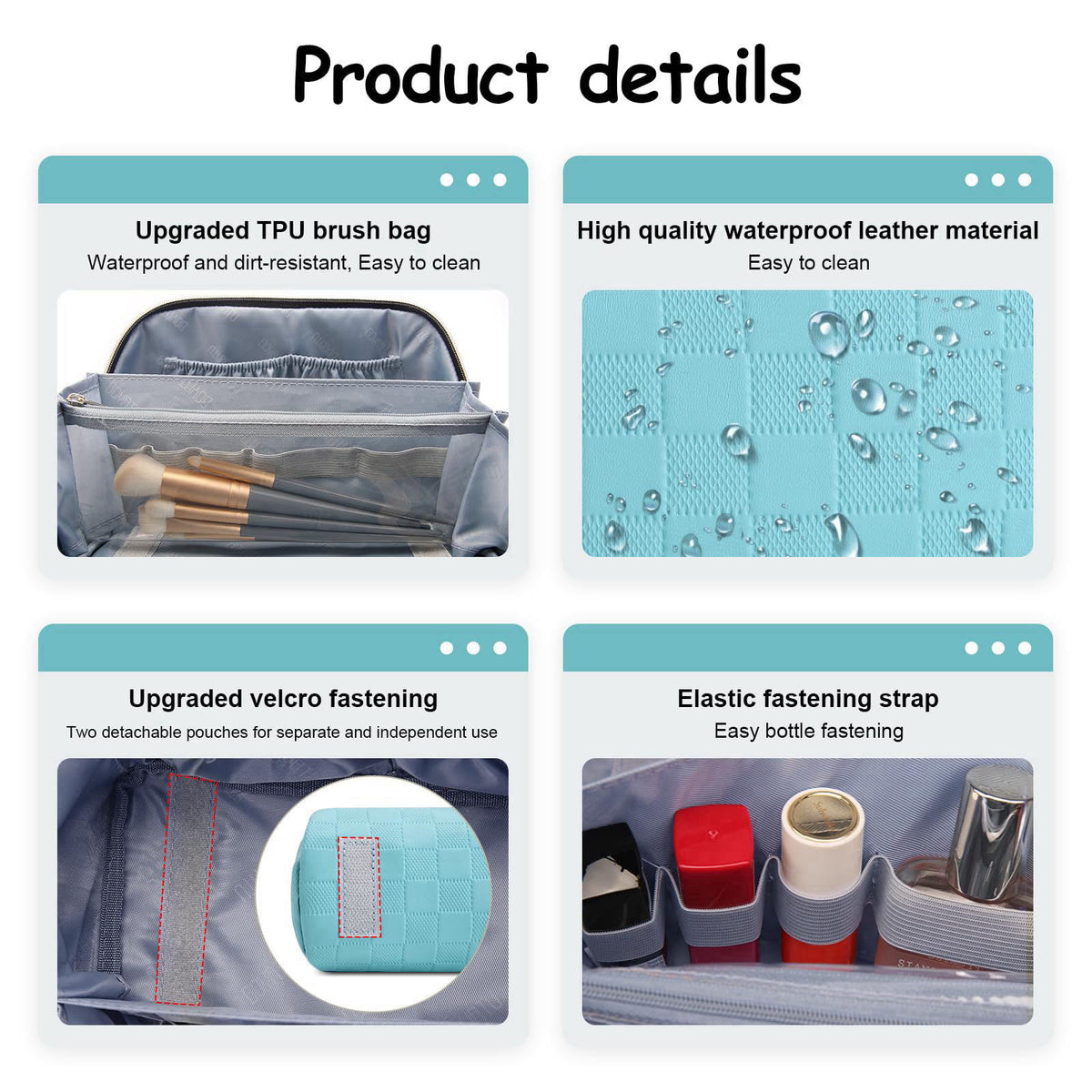 BOYATU Travel Makeup Bag Organizer: 180°Open-Flat 3 Pcs Make up Bags Set – back view and specifications